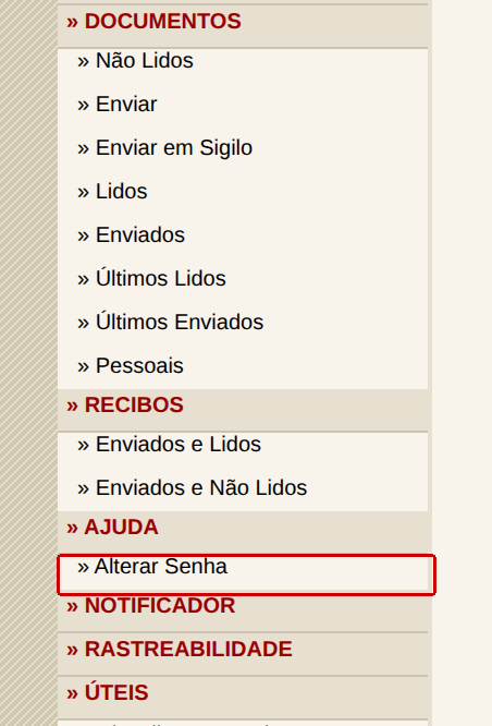 Menu do Malote Digital com a opção Alterar Senha dentro do grupo AJUDA