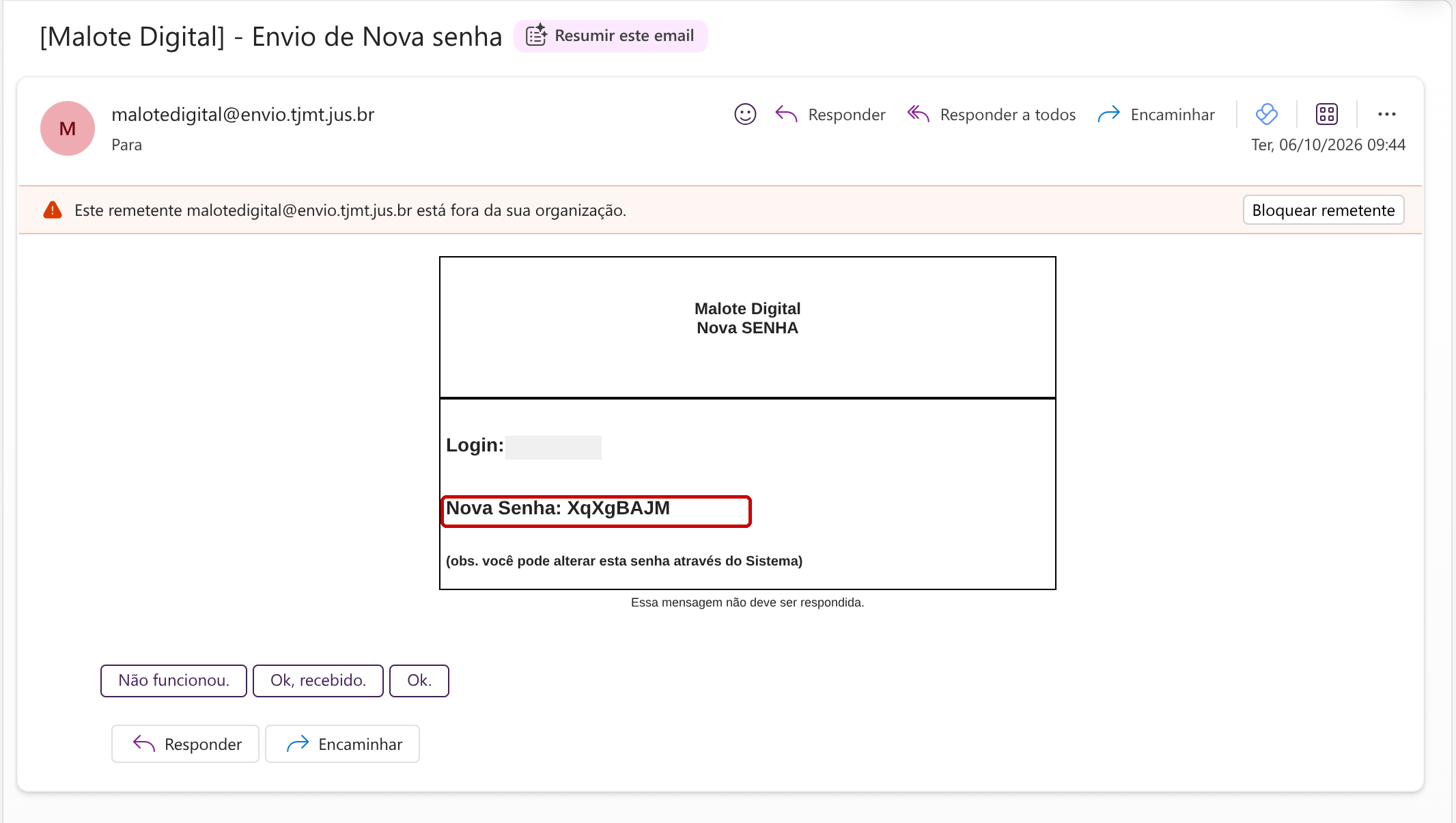 Exemplo do e-mail Malote Digital - Envio de Nova senha, contendo o login e a nova senha