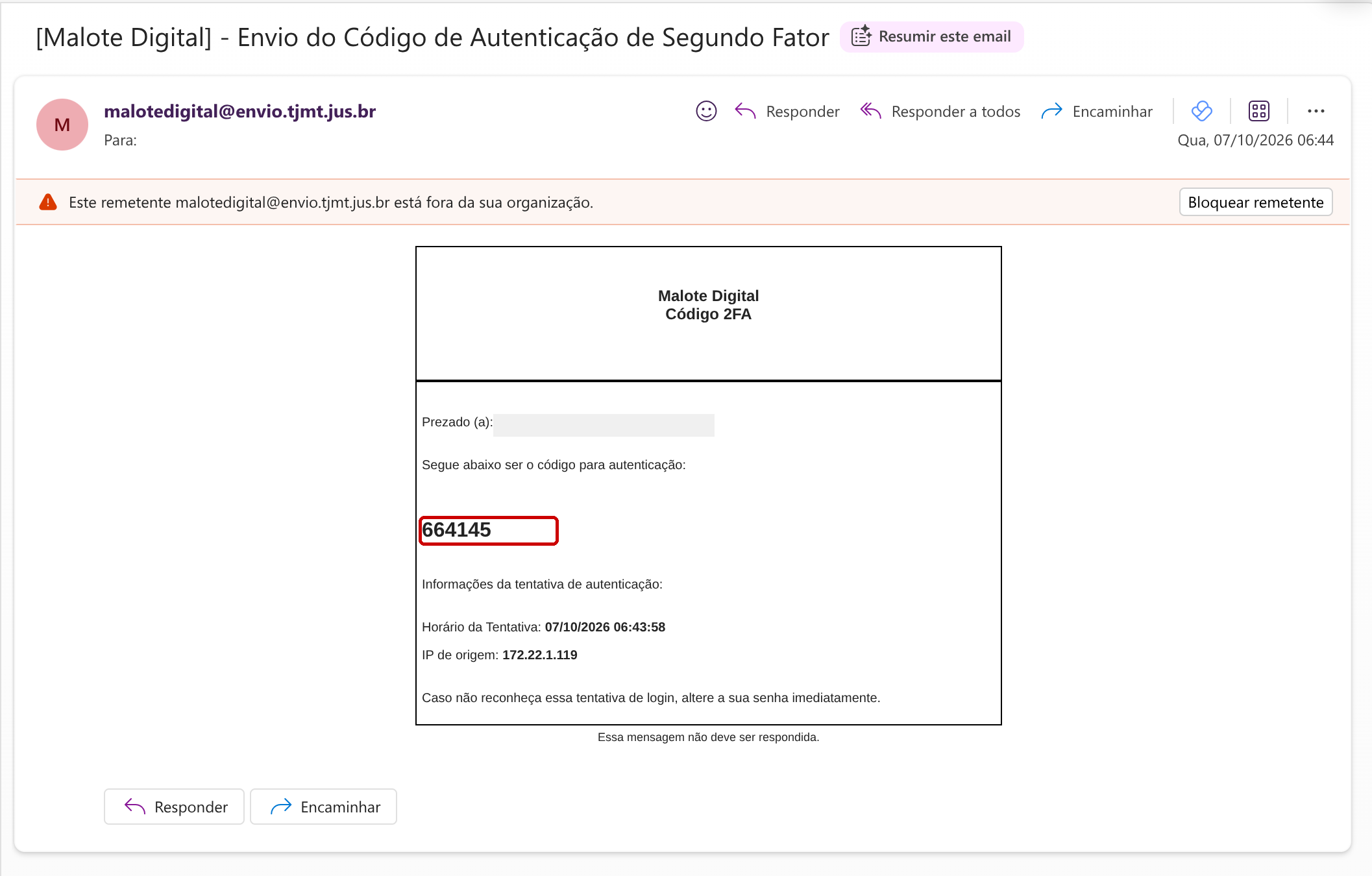 Exemplo do e-mail Malote Digital - Envio do Código de Autenticação de Segundo Fator, contendo o código numérico