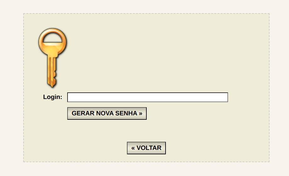Tela de recuperação de senha com o campo Login e o botão GERAR NOVA SENHA