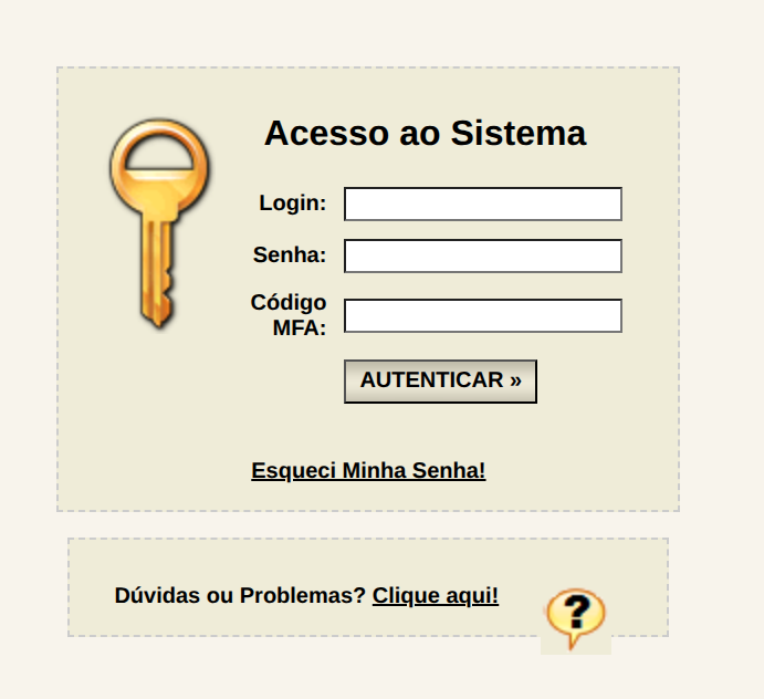Tela Acesso ao Sistema com os campos Login, Senha e Código MFA e o botão AUTENTICAR